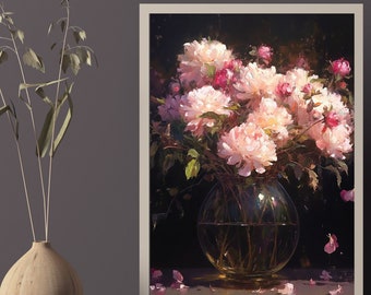 Vintage Dark Floral Moody Peonies Painting, Vintage Art Print, Dark Floral Print, Printable Wall Art, Digital Download