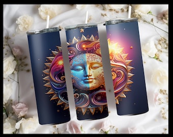 Tranquil Half Sun Half Moon Celestial Face, Vivid Colors 20 oz Skinny Tumbler Sublimation Design,  PNG, Straight Tumbler Wrap