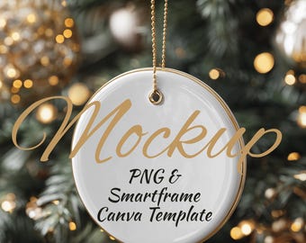 Christmas Ornament Mockup | White Ceramic Ornament PNG + Canva Smart Frame Template