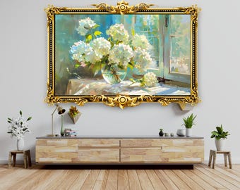 White Hydrangea Frame TV Art – Vintage Oil Painting Digital Download, Frame TV Art Spring, Samsung Frame TV Art, Coquette Room Decor
