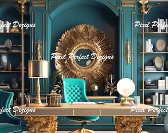Luxury, teal and gold, rich, ornate, CEO office Zoom, Microsoft Teams, Google Meet, Skype Virtual Background