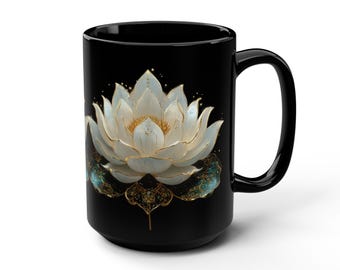 White Lotus Floral Art Mug | Black Ceramic Mug
