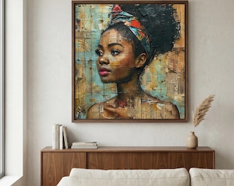 Black Woman Collage Art Print, Afrocentric Mixed Media Portrait, Vintage Newspaper Headwrap Wall Decor