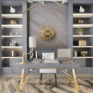 Modern Office, Built-in Bookshelf, Grey and Gold Virtual Zoom Meeting Background, Microsoft Teams, Skype, Google Meet