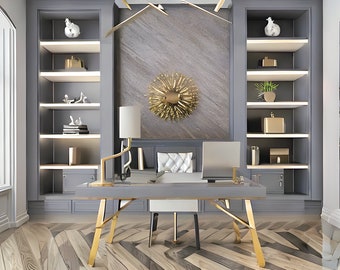 Modern Office, Built-in Bookshelf, Grey and Gold Virtual Zoom Meeting Background, Microsoft Teams, Skype, Google Meet