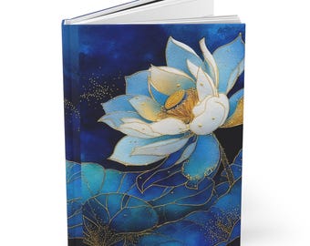 Blue Lotus Floral Hardcover Journal | Matte Notebook, Gold Accents