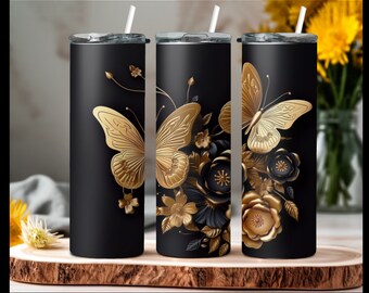 Gold and Black Butterfly  and Flowers 20 oz Skinny Tumbler Sublimation Design, Instant Download PNG, Straight Tumbler Wrap, PNG File