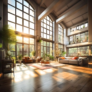 Puede incluir: Un amplio salón con ventanas de suelo a techo, un sofá gris con cojines naranjas y una mesa de centro de madera. La habitación está decorada con plantas y tiene un ambiente moderno e industrial.