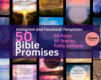 50 Instagram, Facebook post social media templates, bible promises, bible verses, canva templates