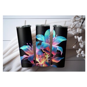 Neon, ethereal, glowing, flowers 20 oz Skinny Tumbler Sublimation Design, Instant Download PNG, Straight Tumbler Wrap