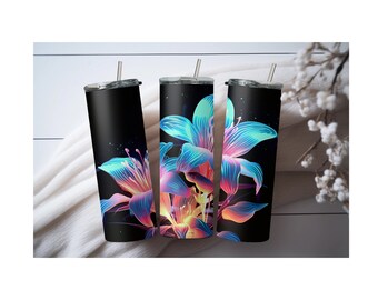 Neon, ethereal, glowing, flowers 20 oz Skinny Tumbler Sublimation Design, Instant Download PNG, Straight Tumbler Wrap