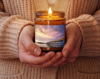 Candela in cera di soia con arte astratta "Tramonto sull'isola" - Salvia bianca e lavanda, barattolo in vetro da 255 g, vivace decorazione per la casa con effetto tramonto, idea regalo