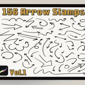 Op de afbeelding: Een digitale illustratie van 156 handgetekende pijlstempels in zwarte inkt op een witte achtergrond. De tekst "156 Arrow Stamps Vol. 1" staat bovenaan de afbeelding.