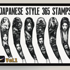 May include: A set of 365 Japanese style stamps, featuring various designs including a fox, samurai, a woman with long hair, a pagoda, and a dragon. The stamps are black and white and are arranged in a row on a white background. The text "JAPANESE STYLE 365 STAMPS" is at the top of the image and "Vol.1" is at the bottom.