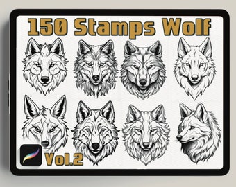 Puede incluir: La pantalla de una tableta digital muestra un conjunto de 150 sellos de lobo, etiquetados como "150 Stamps Wolf Vol.2". Los sellos son dibujos en blanco y negro de cabezas de lobo en varias poses.