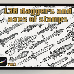 May include: A digital illustration of various daggers and axes, presented as stamps. The image features a collection of detailed, black and white weapon designs, with the text "138 daggers and axes of stamps" and "Vol.1". The Procreate app logo is also visible.