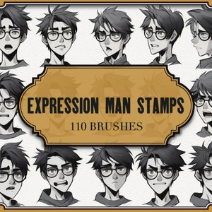 May include: A set of 110 digital stamps featuring a man with different facial expressions. The man is wearing glasses and has short, dark hair. The stamps are labelled "Expression Man Stamps" and "110 Brushes".