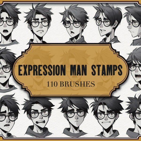 Expression Man 25 Old Stamps For Procreate|Young Adult Male Face Brushes Procreate|Emotional Facial Stamps|Man's Face Emotions Stamps|