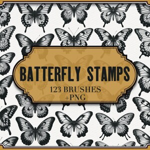 May include: A selection of black and white butterfly stamps in diverse designs. The image includes a central label with the text "BUTTERFLY STAMPS" and "123 BRUSHES + PNG". The butterflies are set against a textured, off-white backdrop.