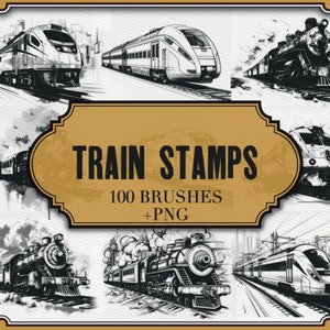 May include: A set of 100 train stamps, featuring black and white illustrations of various trains. The stamps are designed for use in digital art programs and include PNG files. The image shows a variety of train styles, including steam engines, modern high-speed trains, and freight trains.
