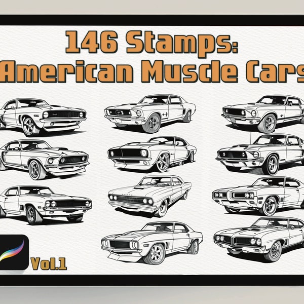 MusclКоллекция из 143 американских марок Muscle Car | Создание кистей| Procreate Car Stamps| Unique Car Guide Brushset Bundle for Procreate