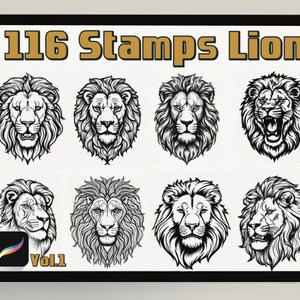 May include: A digital illustration of eight black and white lion head stamps. The stamps are arranged in two rows of four. The text "116 Stamps Lion Vol.1" is at the top of the image.