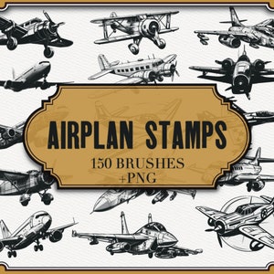 May include: A collection of black and white airplane illustrations. The image features various aircraft designs, including vintage biplanes, jet fighters, and propeller-driven planes. The text "AIRPLAN STAMPS" is displayed in a decorative frame, along with "150 BRUSHES + PNG".