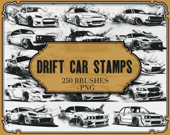 Op de afbeelding: Zwart-wit illustraties van driftauto's. De afbeelding toont verschillende automodellen met dynamische effecten, die snelheid en beweging suggereren. De centrale banner luidt "DRIFT CAR STAMPS" met "250 BRUSHES + PNG" eronder.