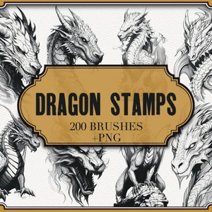 Könnte beinhalten: Ein Set mit 200 Drachen-Stempeln und Pinseln für digitale Kunst. Das Bild zeigt eine Vielzahl von Drachen-Designs in Schwarzweiß, darunter Köpfe, Flügel und ganze Körper.