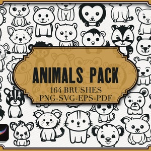 Animals Pack Stamps For Procreate| + Png-Svg-Eps-Pdf Files| Cute Animal Brushes for Procreate| Safari | Farm Illustration