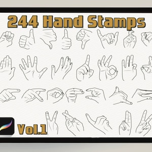 May include: A digital illustration of 244 hand stamps in black and white. The hands are in various positions and gestures. The image is titled "244 Hand Stamps Vol. 1".