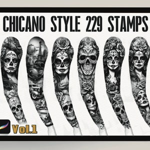 Chicano Style 229 Stamps| Procreate Chicano Tattoo Stamps| Chicano Art Tattoo Reference| Procreate Brushes for Tattoo Reference| La Catrina|