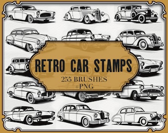 Op de afbeelding: Een verzameling van 255 retro auto stempels en kwasten. De afbeelding toont een verscheidenheid aan vintage auto's in zwart-wit, waaronder sedans, coupés en cabriolets. De auto's zijn allemaal getekend in een klassieke stijl, met gedetailleerde lijnen en bochten. De afbeelding is perfect om een vleugje vintage charme toe te voegen aan elk project.