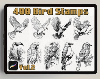400 tampons Procréer un oiseau| Pinceaux d'oiseaux réalistes pour procréer | Procréez des oiseaux néo-traditionnels | Tatouage oiseau noir et gris | Dessin au trait oiseau|