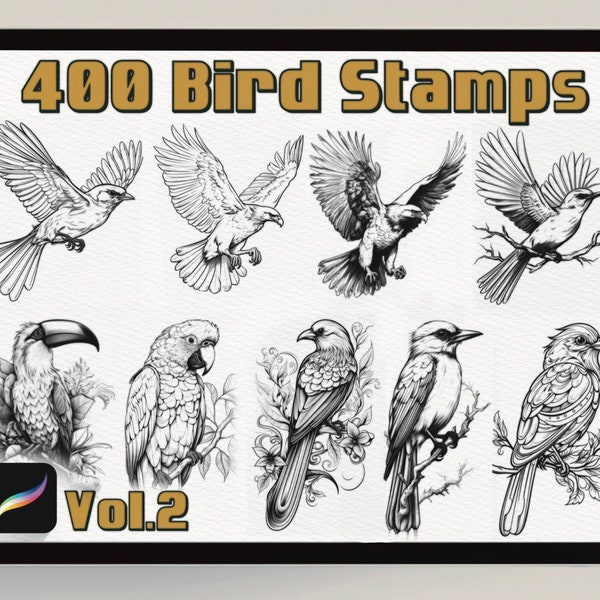 400 Vogel Stempel | Realistische Vogel Pinsel für Procreate| Procreate Neo Traditionelle Vögel | Vogel schwarz und grau Tattoo | Vogel Line Art |