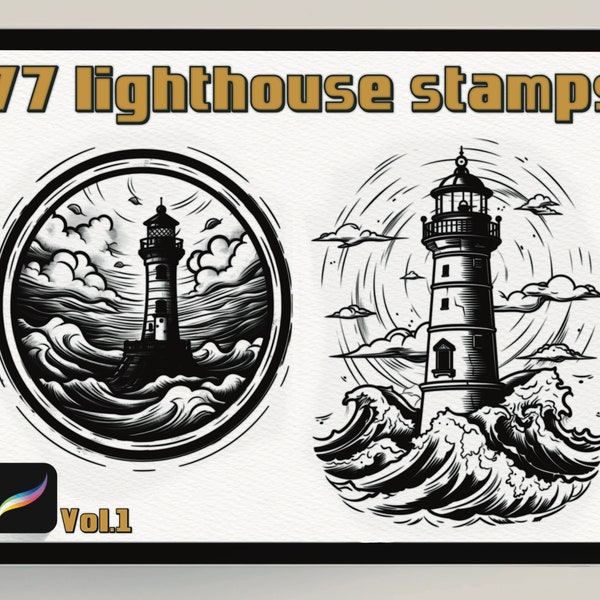 Coastal Illumination: коллекция из 77 марок маяков для Procreate | Создание кистей| Lighthouse Stamps | Tattoo Stencils| Lighthouse digital|