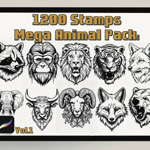 May include: A digital illustration of 1200 animal stamps in a mega pack, volume 1. The image shows 10 different animal heads, including a lion, tiger, wolf, bear, elephant, bull, ram, fox, raccoon, and monkey. The animals are drawn in a black and white style.