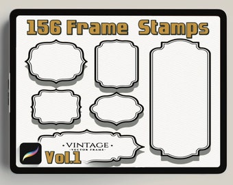 May include: A digital illustration of 156 vintage frame stamps, with five different frame designs in black on a white background. The text "156 Frame Stamps" and "Vol.1" are in gold text. The text "Vintage Vector Frame" is in black text.