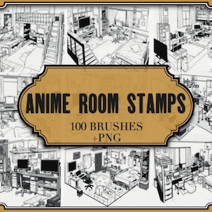 Op de afbeelding: Een set van 100 anime-kamer stempels en PNG-bestanden. De afbeelding toont een verscheidenheid aan zwart-wit lijntekeningen van anime-stijl kamers, waaronder slaapkamers, woonkamers en keukens. De tekst "Anime Room Stamps" en "100 Brushes + PNG" wordt weergegeven op een gouden banner.