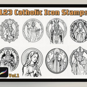 123 Catholic Icon Procreate Stamps • brushset PNG PDF • Religious Tattoo Flash • Sacred Heart Saint Brushes • Christian Art Design Pack