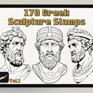 May include: Black and white line art illustrations of three Greek sculpture busts. The title "170 Greek Sculpture Stamps Vol.1" is at the top of the image.