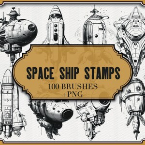 May include: A set of 100 space ship stamps and brushes. The stamps are black and white illustrations of various space ships, including a rocket, a flying saucer, and a spaceship with a large, round window. The text "SPACE SHIP STAMPS" and "100 BRUSHES + PNG" is included in the image.