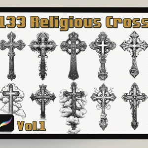 May include: A set of 10 black and white illustrations of religious crosses. The crosses are in various styles, including Celtic, ornate, and simple. The title "133 Religious Cross Vol. 1" is at the top of the image.