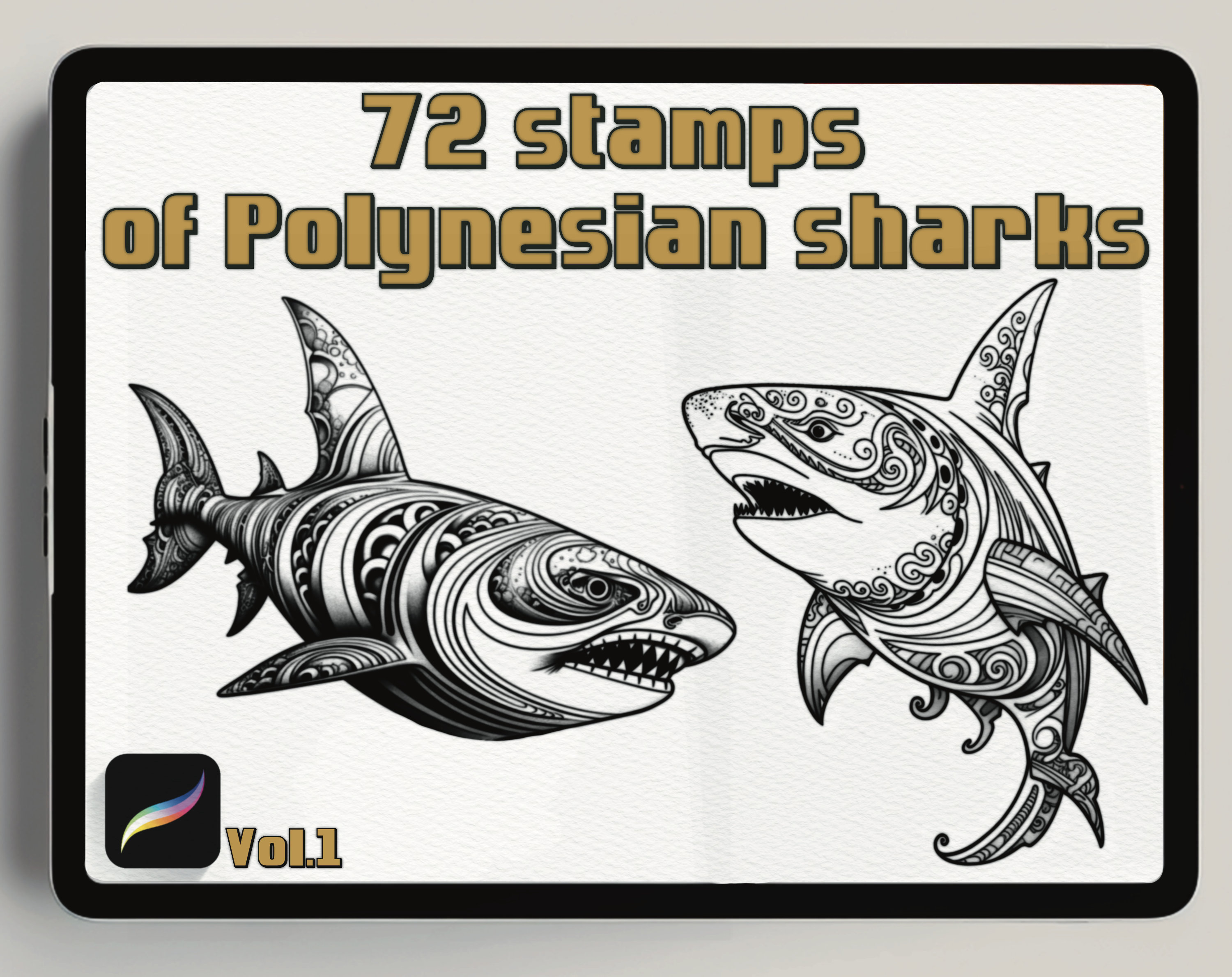 72 марки полинезийских акул для продолжения рода | Shark Portrait Designs for Procreate| Tattoo stamps| Stamps digital for iPad|Shark Tattoo