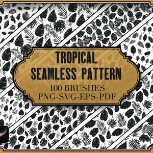 May include: A set of 100 tropical leaf brushes in black and white. The brushes are arranged in a grid pattern with a gold frame and the text "TROPICAL SEAMLESS PATTERN 100 BRUSHES PNG-SVG-EPS-PDF".