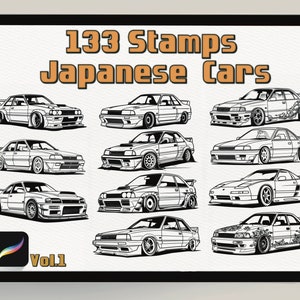 May include: A digital illustration of 133 black and white stamps of Japanese cars. The stamps are arranged in a grid pattern on a white background. The title "133 Stamps Japanese Cars" is at the top of the image. The text "Vol. 1" is at the bottom of the image.