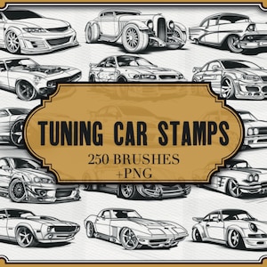 Puede incluir: Un conjunto de 250 sellos de coches de tuning y archivos PNG. La imagen muestra una colección de ilustraciones en blanco y negro de varios modelos de coches, incluyendo coches clásicos, muscle cars y coches deportivos. Las ilustraciones son detalladas y realistas, y serían perfectas para usar en scrapbooking, creación de tarjetas u otros proyectos de manualidades.