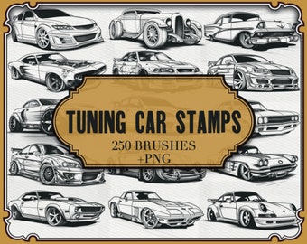 May include: A set of 250 tuning car stamps and PNG files. The image shows a collection of black and white illustrations of various car models, including classic cars, muscle cars, and sports cars. The illustrations are detailed and realistic, and they would be perfect for use in scrapbooking, card making, or other craft projects.