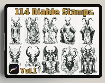 May include: A digital illustration of 114 black and white stamps featuring various depictions of demons and devils. The title "114 Diablo Stamps Vol. 1" is displayed at the top of the image.