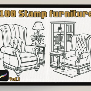 May include: A black and white illustration of a living room with two armchairs, a bookshelf, a side table, and a lamp. The text "100 Stamp furniture Vol.1" is at the top of the image.